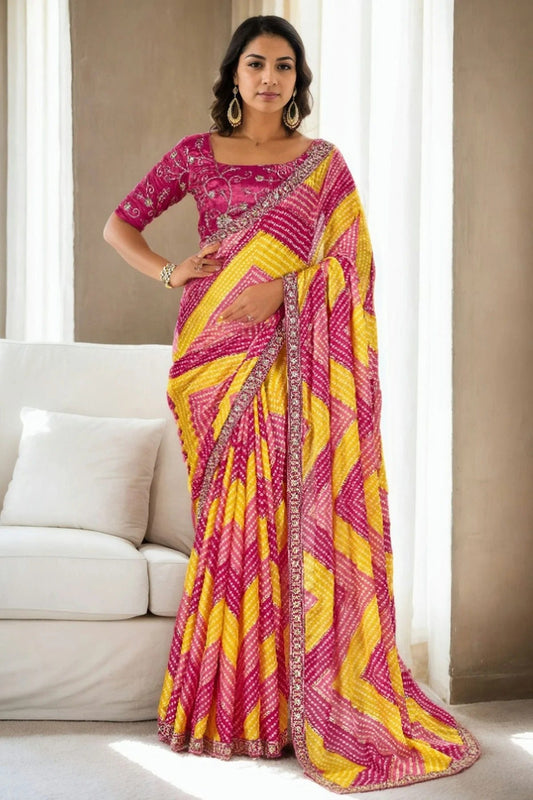 Pink Chinon Printed Saree NCSD11111449
