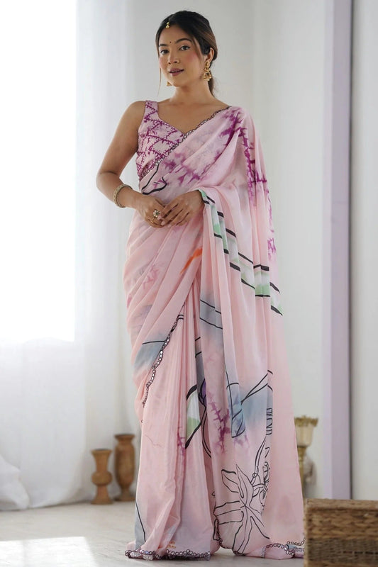 Pink Chinon Printed Saree NCSD11111550