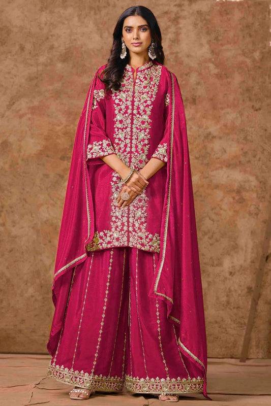 Pink Chinon Semi Stitched Palazzo Pant Suit NCSM10510127