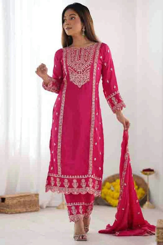 Pink Chinon Silk Stitched Pant Style Suit NCSS11410212