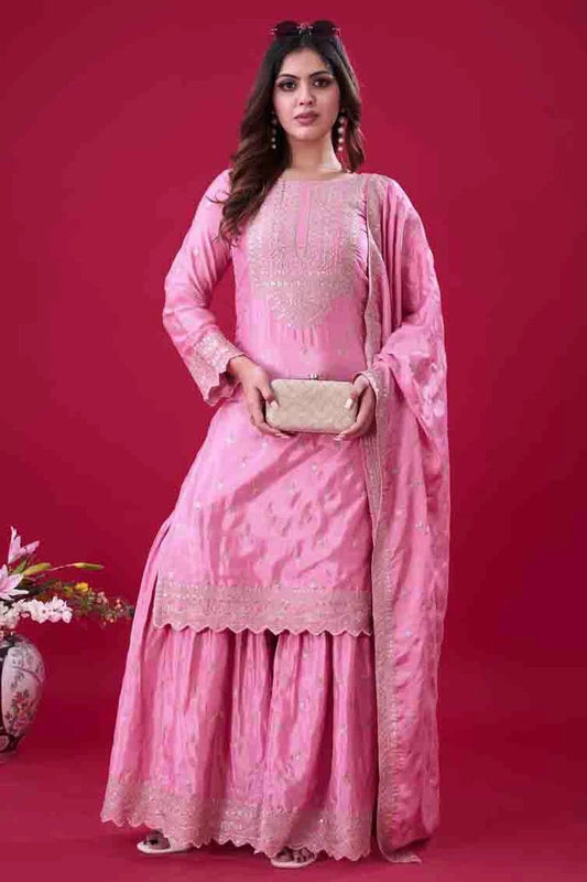Pink Chinon Silk Stitched Sharara Suit NCSS11410173
