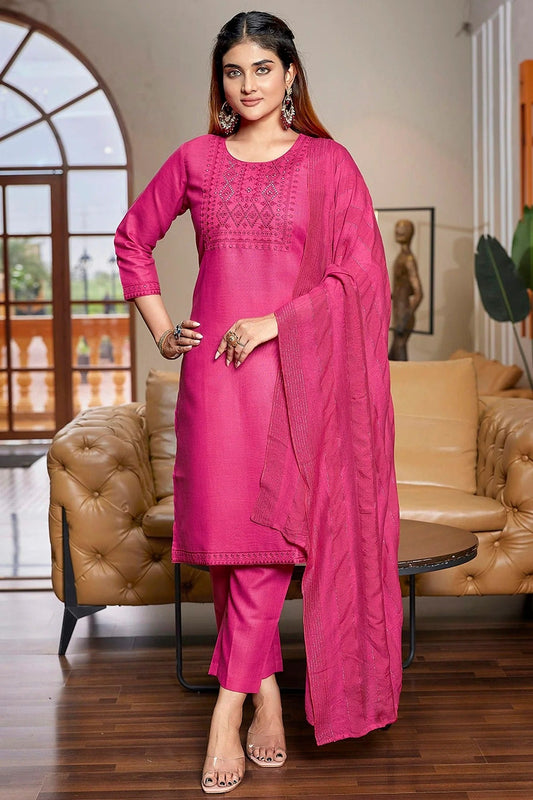 Pink Cotton Blend Stitched Suit NCSS11111398