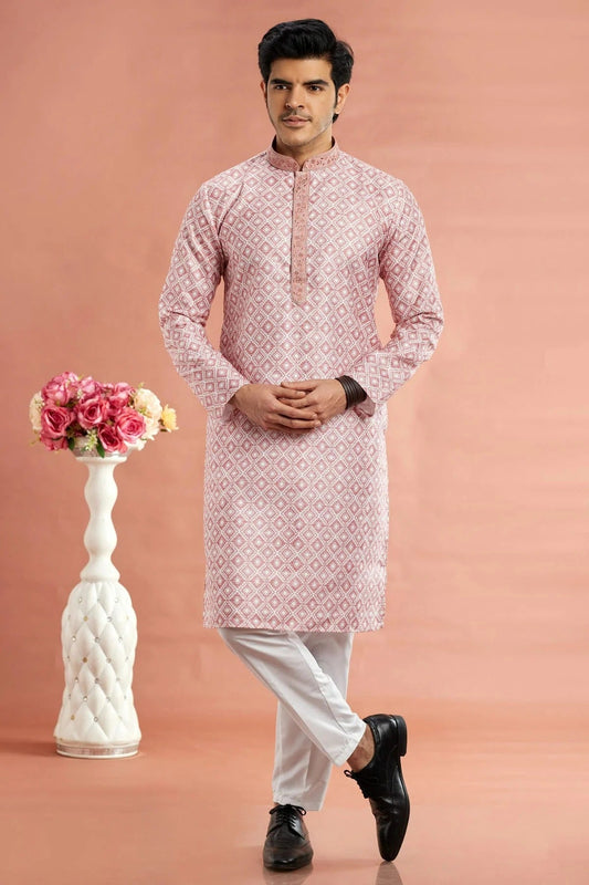 Pink Cotton Thread Kurta Pajama NCKP12310207