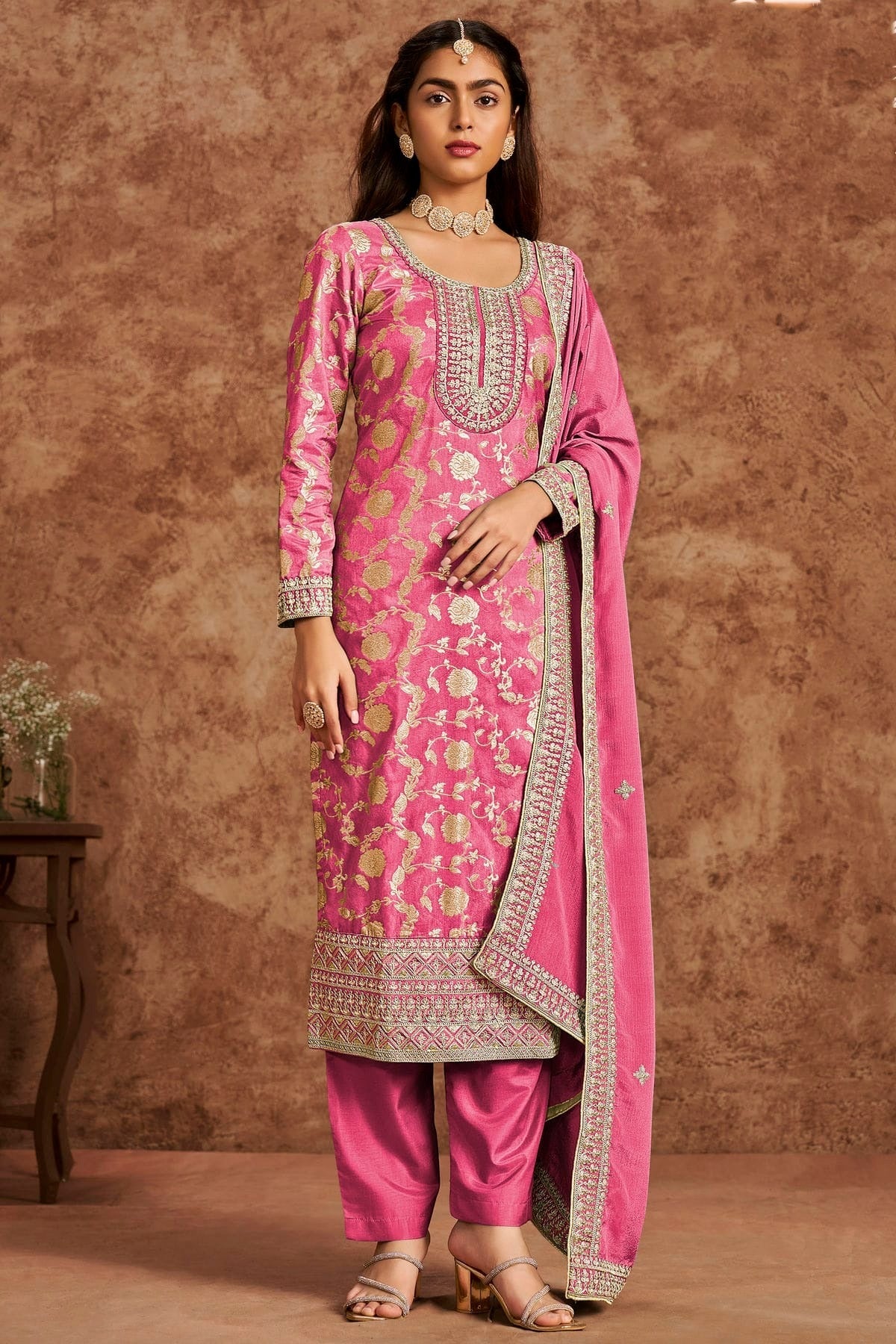 Pink Dolla Silk Jacquard Straight Suit NCSM10510147
