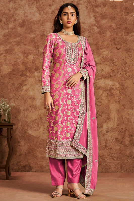 Pink Dolla Silk Jacquard Straight Suit NCSM10510147