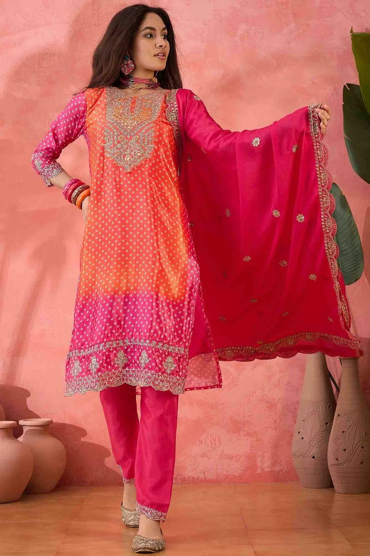 Pink Embroidery Chinon Silk Pant Style Suit NCSS11110491