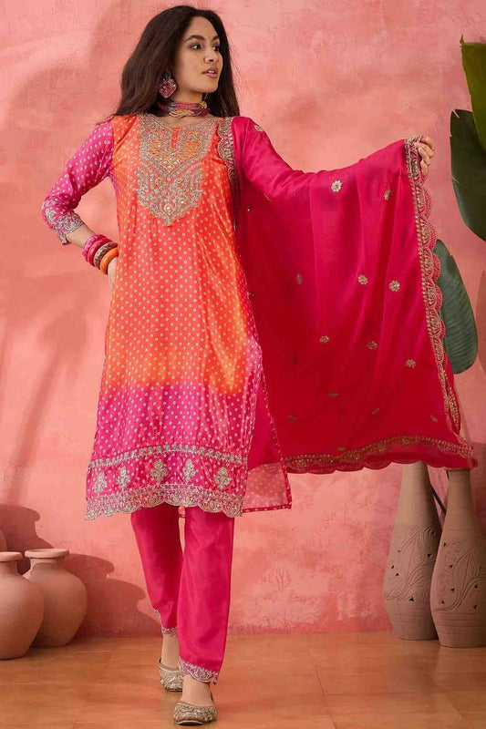 Pink Embroidery Chinon Silk Pant Style Suit NCSS11110491
