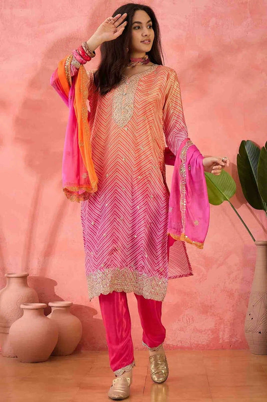 Pink Embroidery Chinon Silk Pant Style Suit NCSS11110496