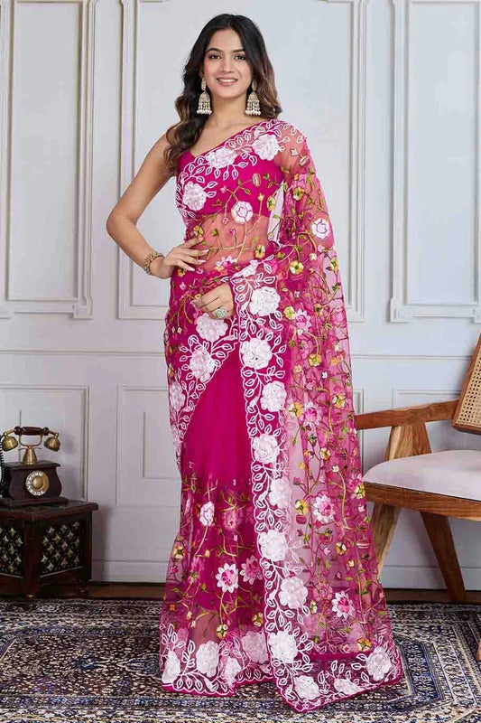 Pink Embroidery Soft Net Designer Saree NCSD11110590