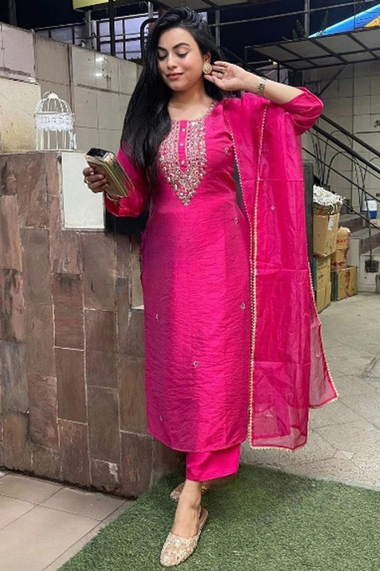Pink Embroidery Viscose Chanderi Stitched Suit NCSS11111284