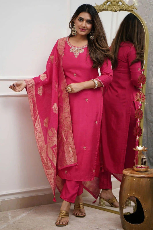 Pink Embroidery Viscose Chanderi Stitched Suit NCSS11111286