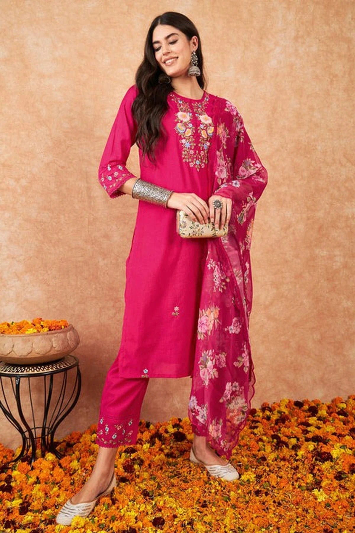 Pink Embroidery Viscose Chanderi Stitched Suit NCSS11111294