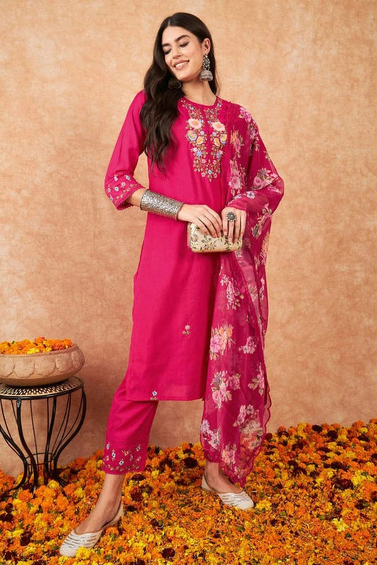 Pink Embroidery Viscose Chanderi Stitched Suit NCSS11111294