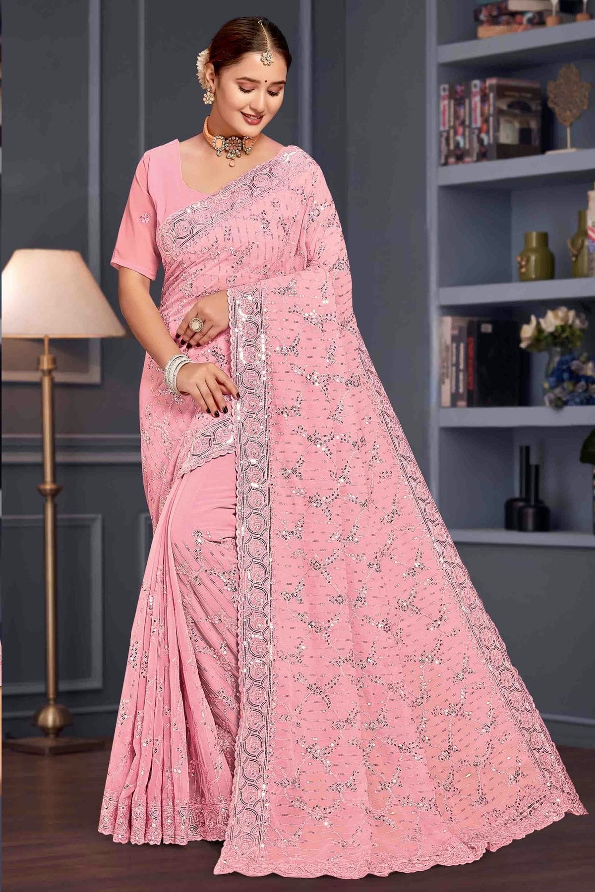 Pink Georgette Embroidery Designer Saree NCSD10910099