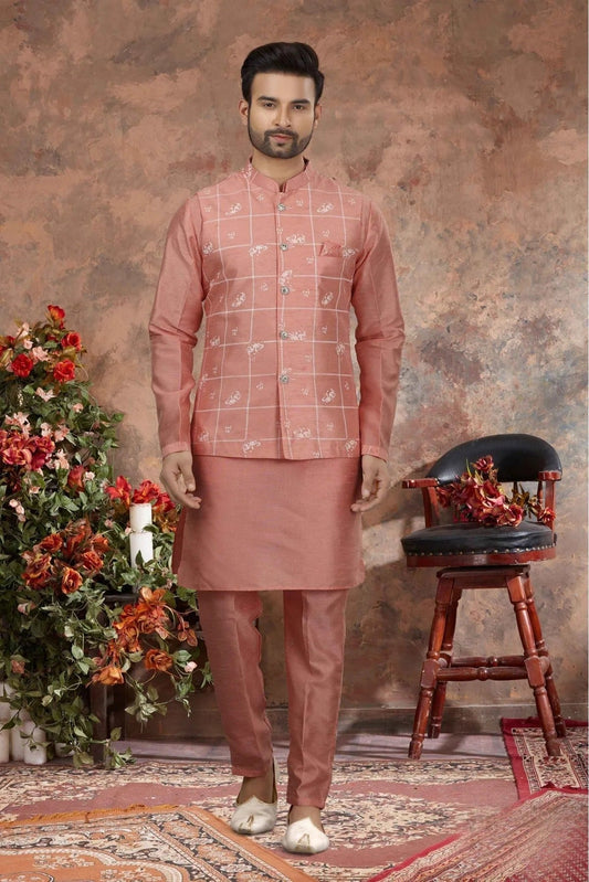 Pink Kurta PajamaWith Jacket In Silk Dupion NCKP10410728