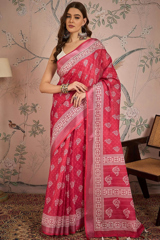 Pink Linen Blend Printed Saree NCSD11111832