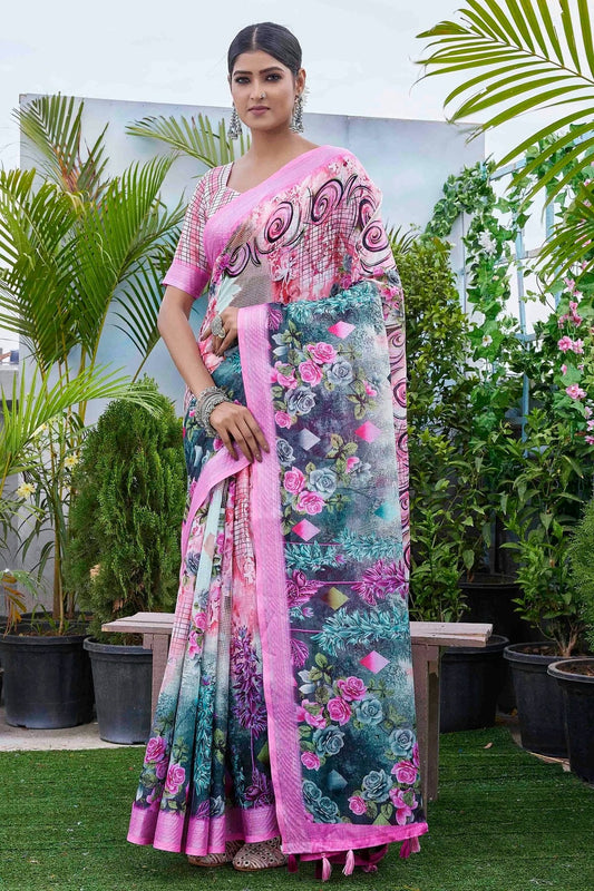 Pink Linen Blend Printed Saree NCSD11111846