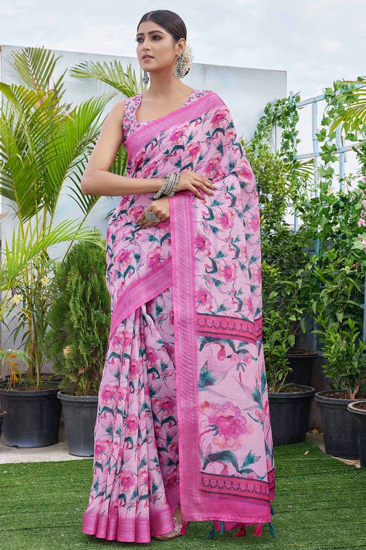 Pink Linen Blend Printed Saree NCSD11111874
