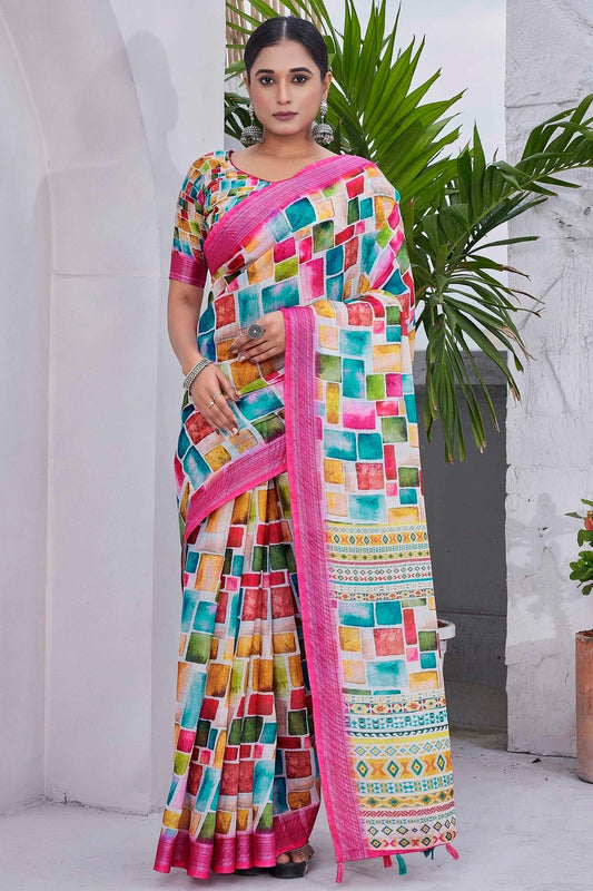 Pink Linen Blend Printed Saree NCSD11111878