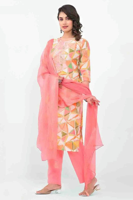 Pink Muslin Stitched Pant Style Suit NCSS11410295
