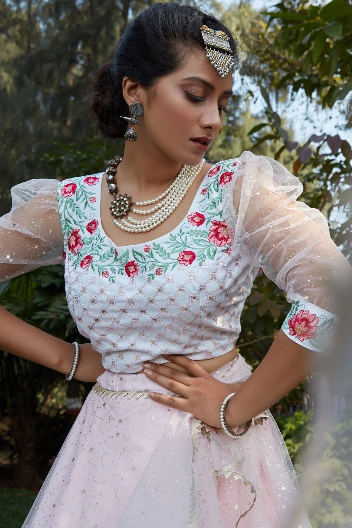 Pink Net Foil Print Lehenga Choli NCLC11510136