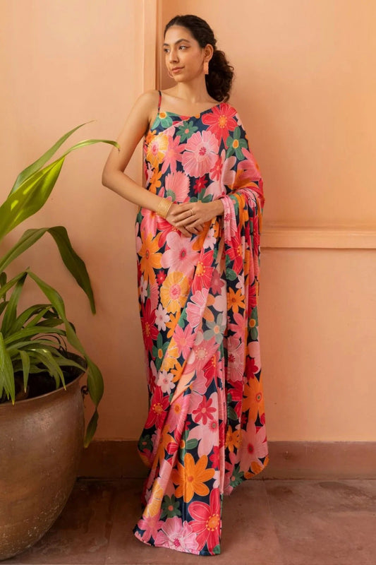 Pink Nylon Japan Satin Printed Saree NCSD11111814