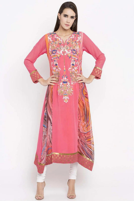 Pink Plus Size Faux Georgette Embroidery Kurti NCKR10710192