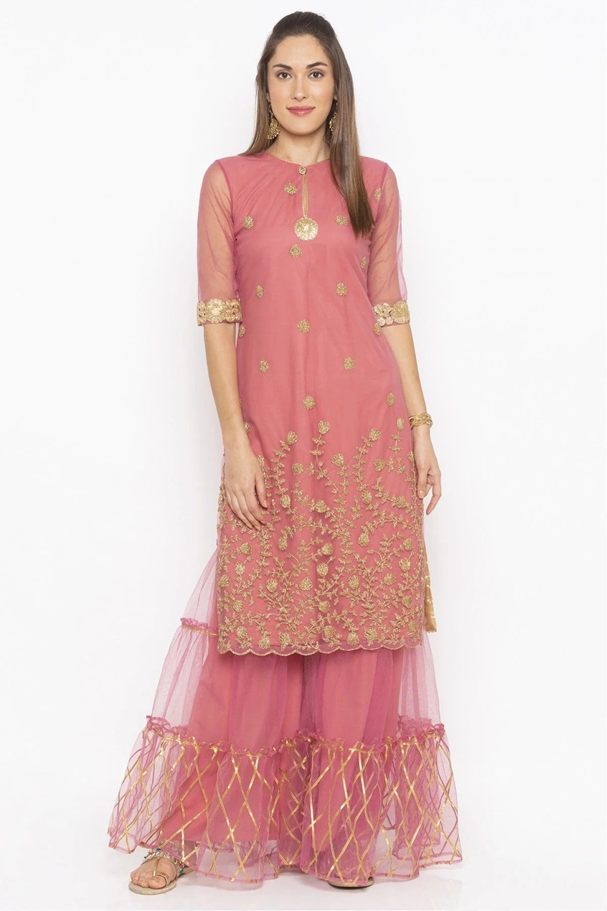 Pink Plus Size Net Embroidery Kurta Set NCKR10710319