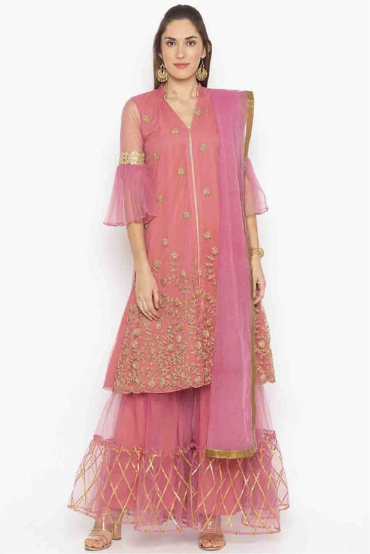Pink Plus Size Stitched Net Embroidery Sharara Suit NCSS10710532