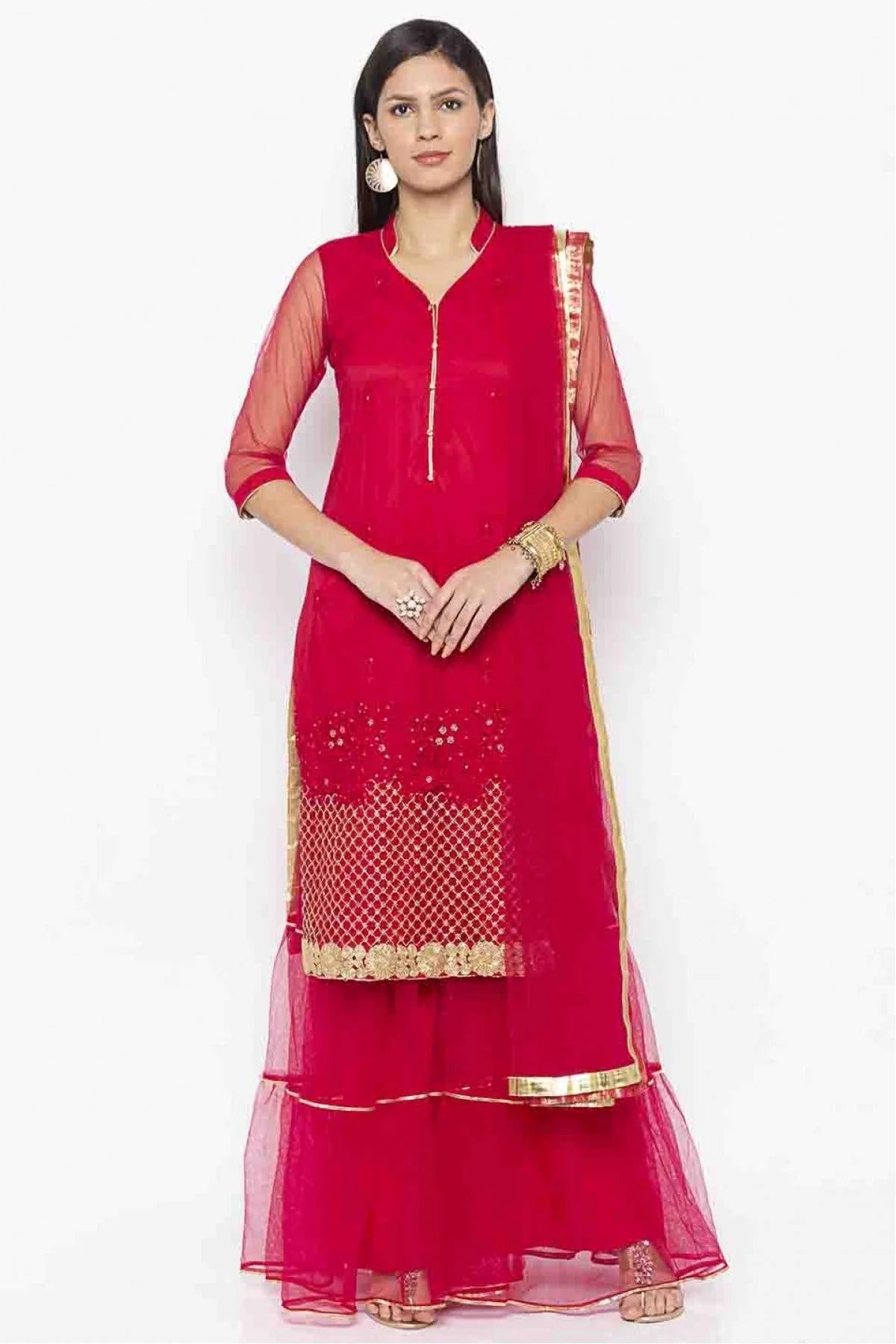 Pink Plus Size Stitched Net Embroidery Sharara Suit NCSS10710535
