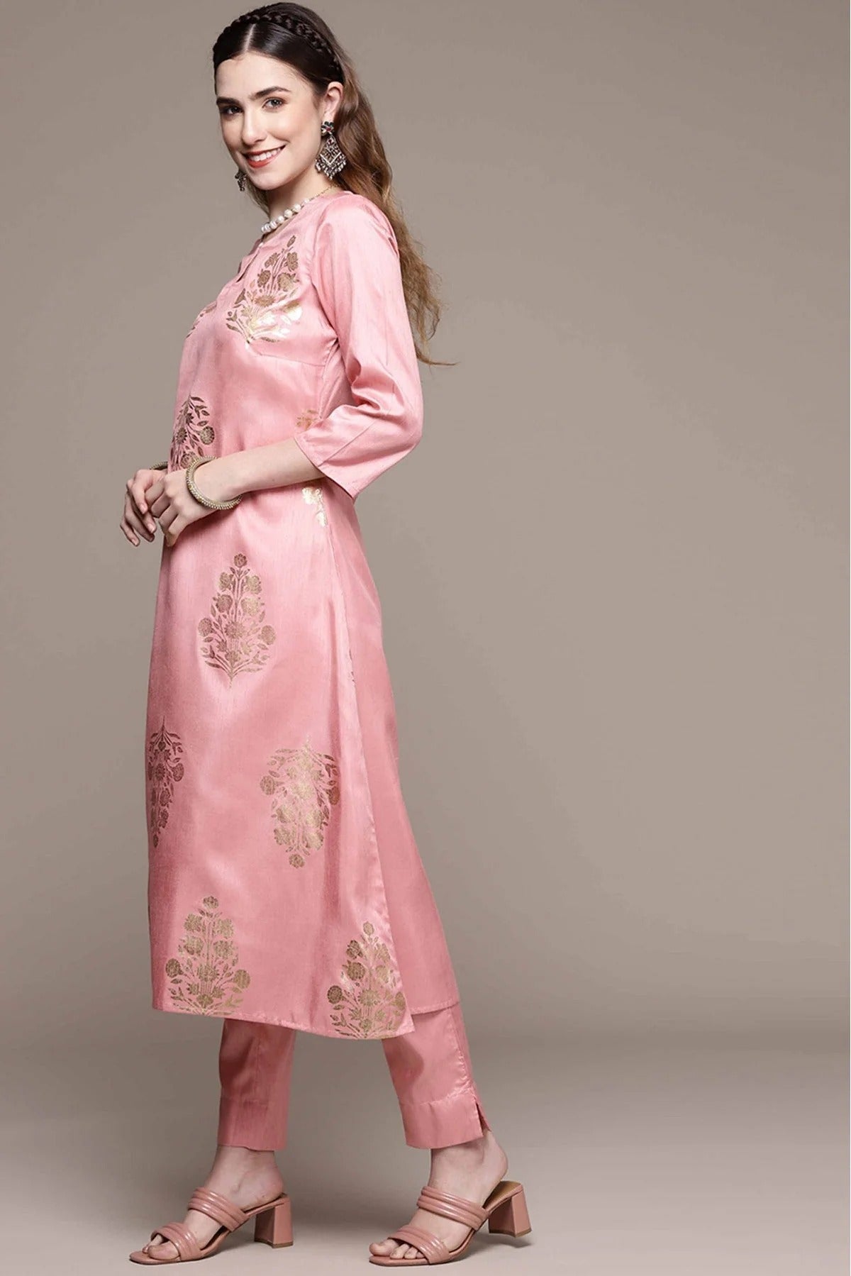 Pink Poly Silk Foil Print Kurta Set With Dupatta  NCKR10610213