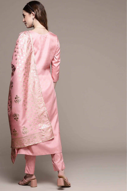 Pink Poly Silk Foil Print Kurta Set With Dupatta  NCKR10610213
