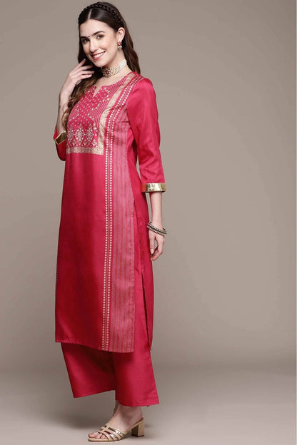 Pink Poly Silk Foil Print Kurta With Palazzo  NCKR10610117
