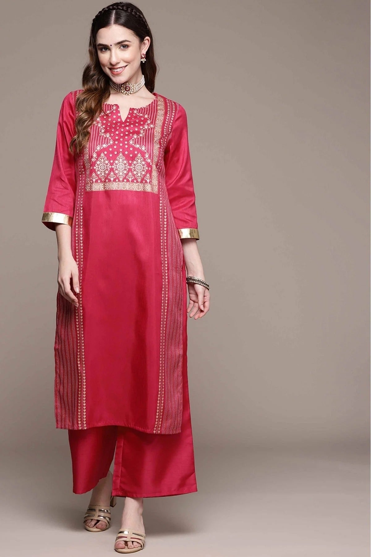 Pink Poly Silk Foil Print Kurta With Palazzo NCKR10610117