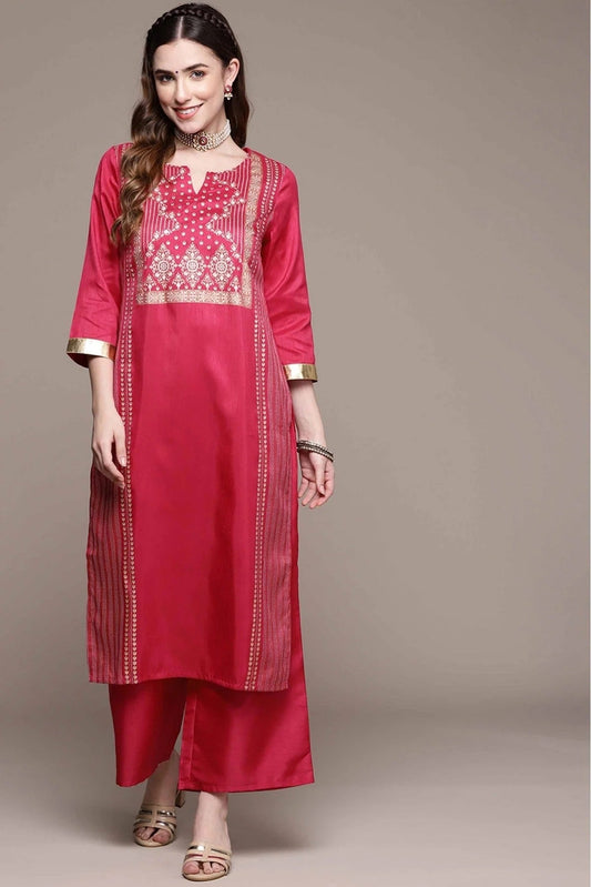 Pink Poly Silk Foil Print Kurta With Palazzo NCKR10610117