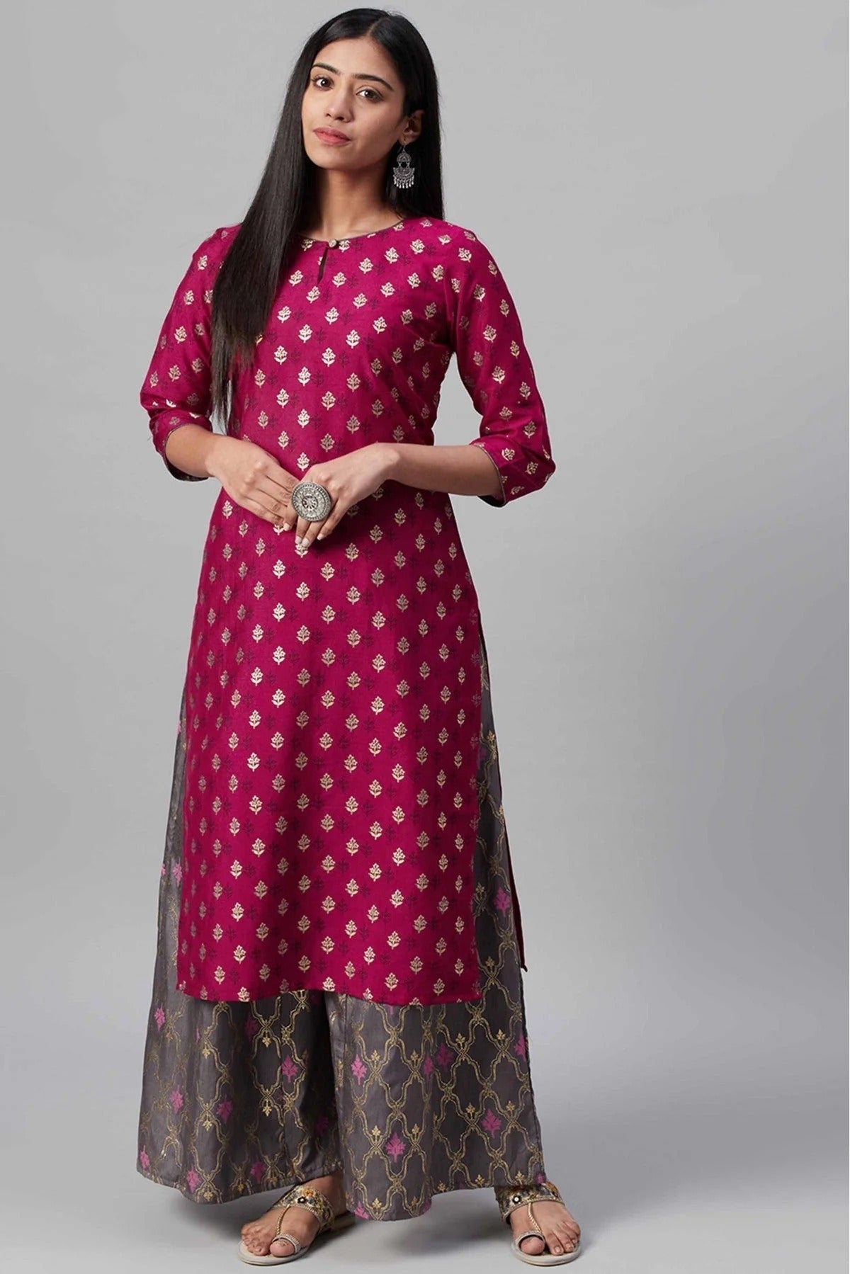 Pink Poly Silk Foil Print Kurti NCKR10610204