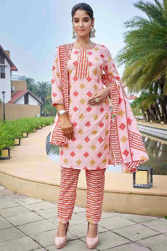 Pink Printed Cotton Blend Pant Style Suit NCSS11110517