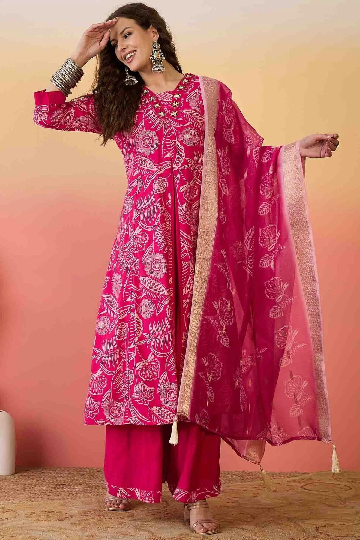 Pink Roman Silk Stitched Palazzo Pant Suit NCSS11110163