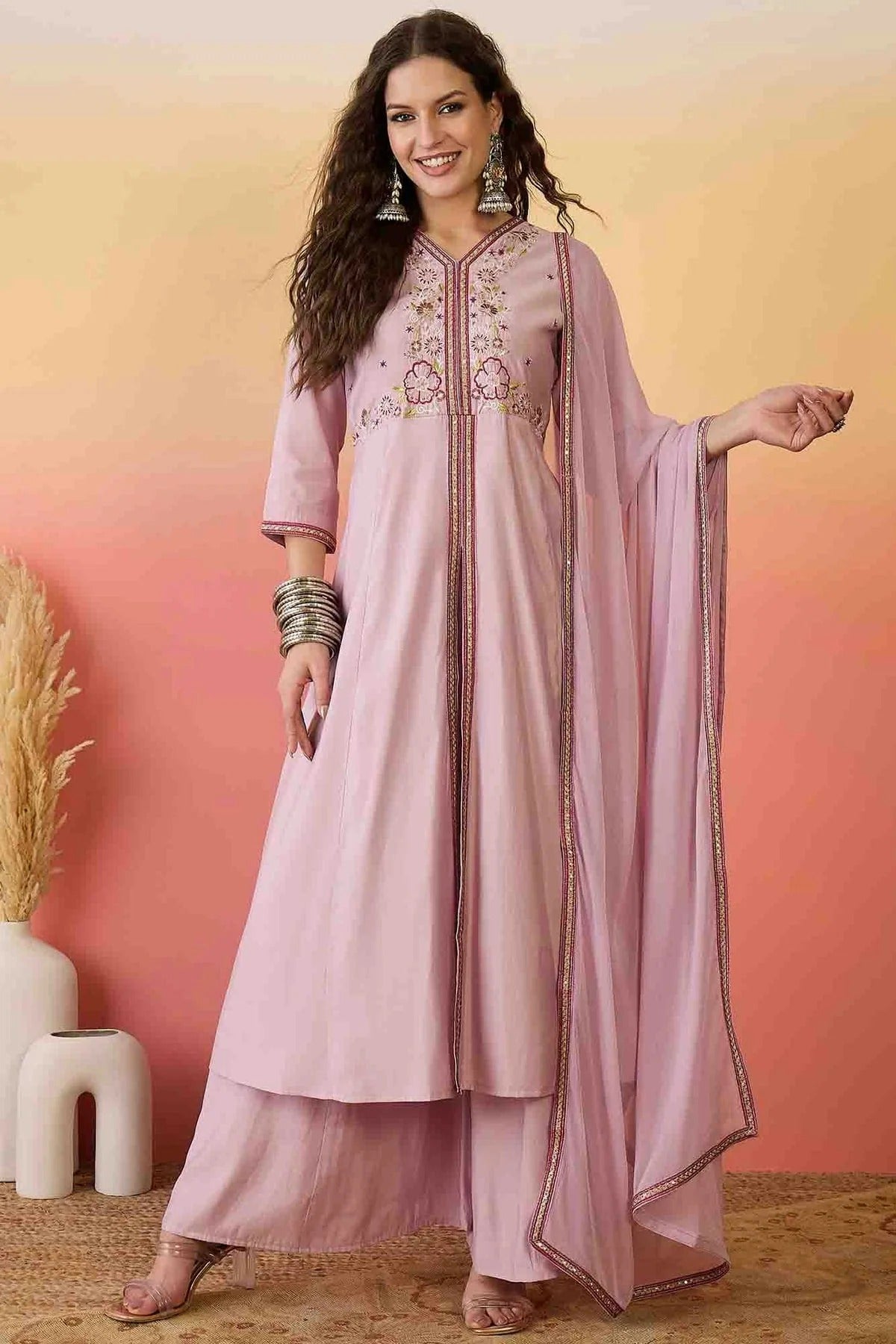 Pink Roman Silk Stitched Palazzo Pant Suit NCSS11110171