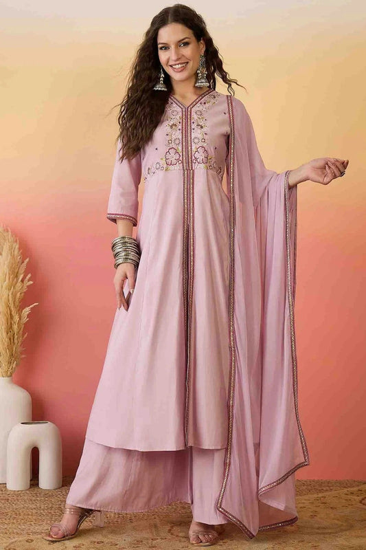 Pink Roman Silk Stitched Palazzo Pant Suit NCSS11110171