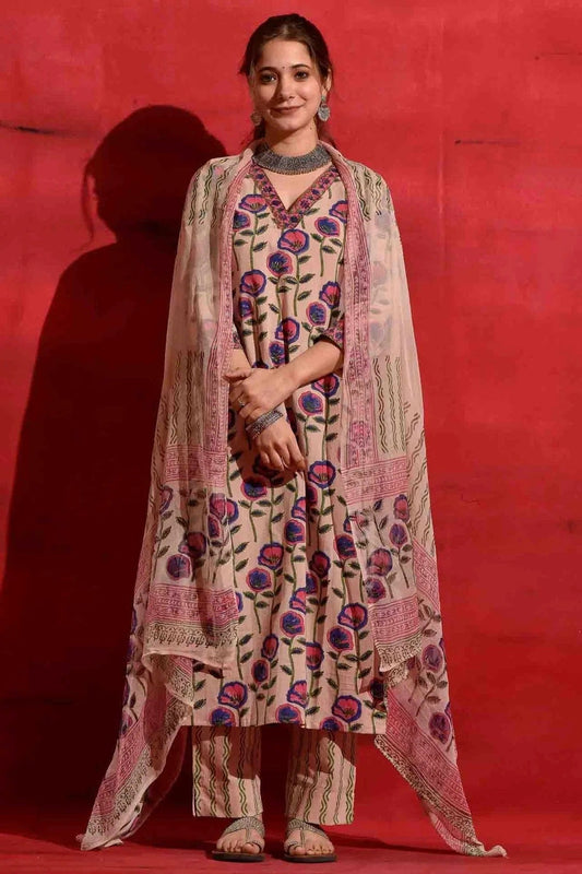 Pink Roman Slub Printed Pant Style Suit NCSS11110314