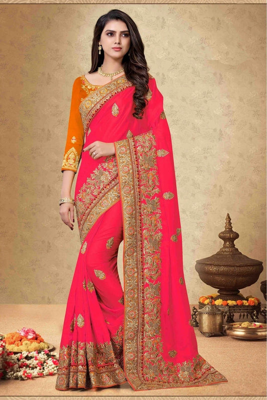 Pink Satin Georgette Embroidery Saree NCSD11210527