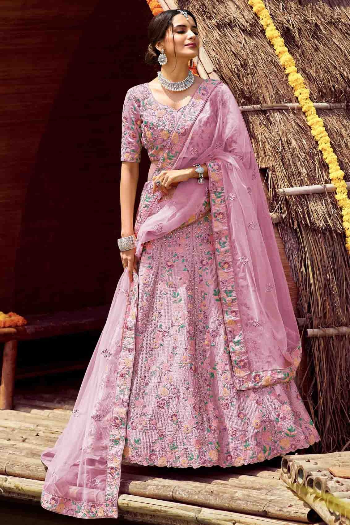 Pink Satin Resham Lehenga Choli NCLC10810411