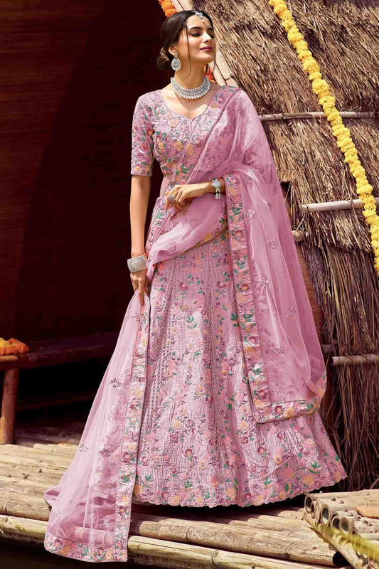 Pink Satin Resham Lehenga Choli NCLC10810411