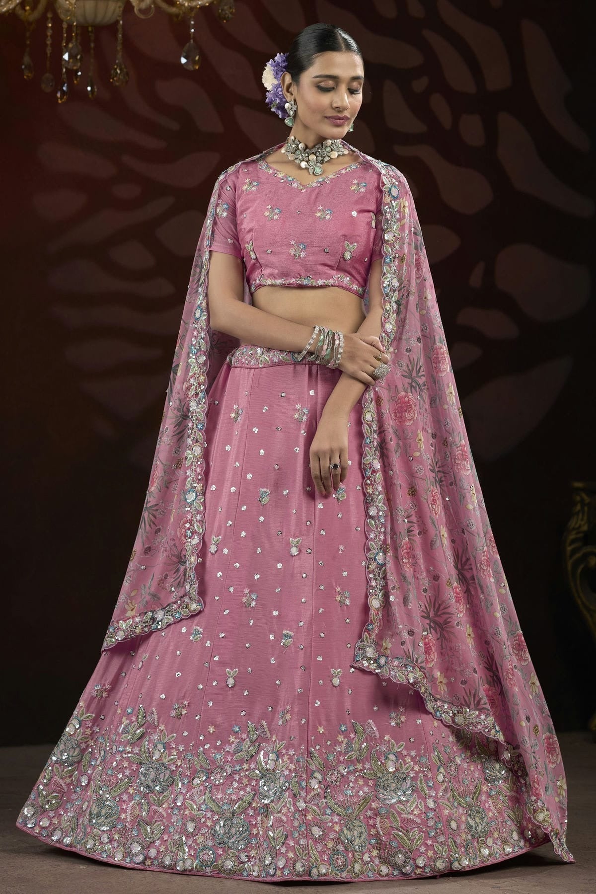 Pink Semi Stitched Chinon Lehenga Choli NCLC11111259
