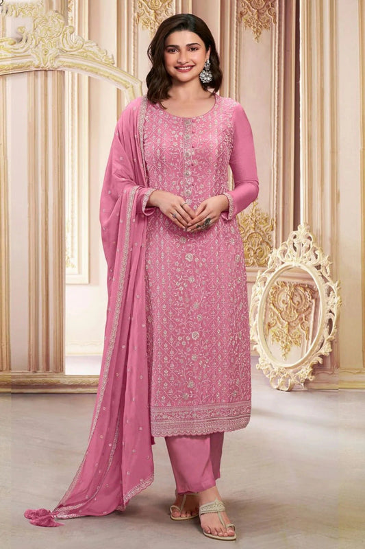 Pink Semi Stitched Chinon Silk Pant Style Suit NCSM11410497