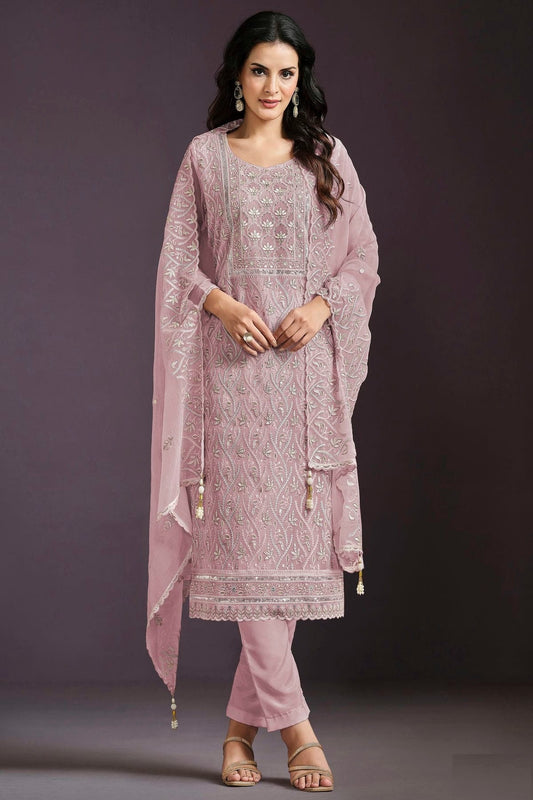 Pink Semi Stitched Chinon Straight Suit NCSM11111031