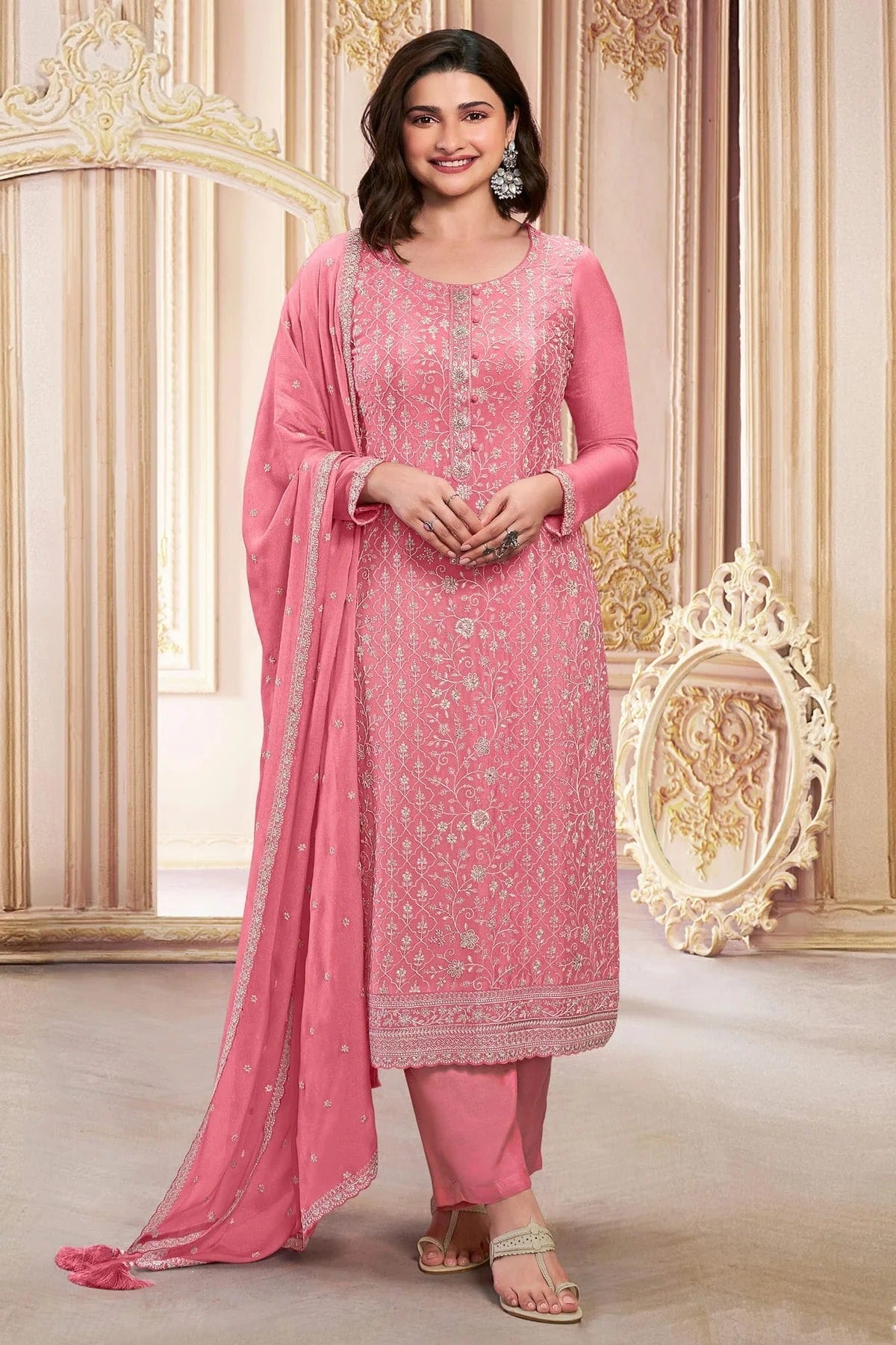 Pink Semi Stitched Faux Georgette Pant Style Suit NCSM11410474