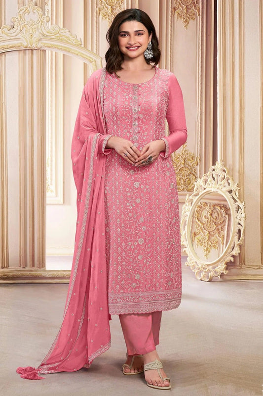 Pink Semi Stitched Faux Georgette Pant Style Suit NCSM11410474