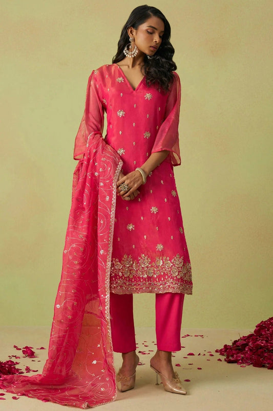 Pink Semi Stitched Shimmer Organza Pant Style Suit NCSM11111017